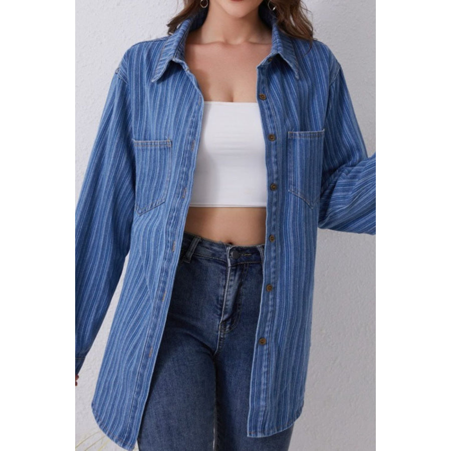 Striped Texture Collared Neck Denim Top Apparel and Accessories