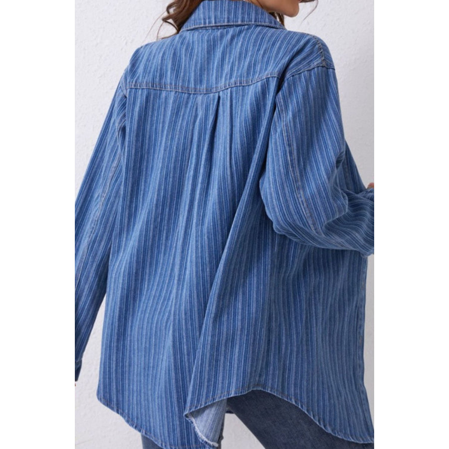 Striped Texture Collared Neck Denim Top Apparel and Accessories