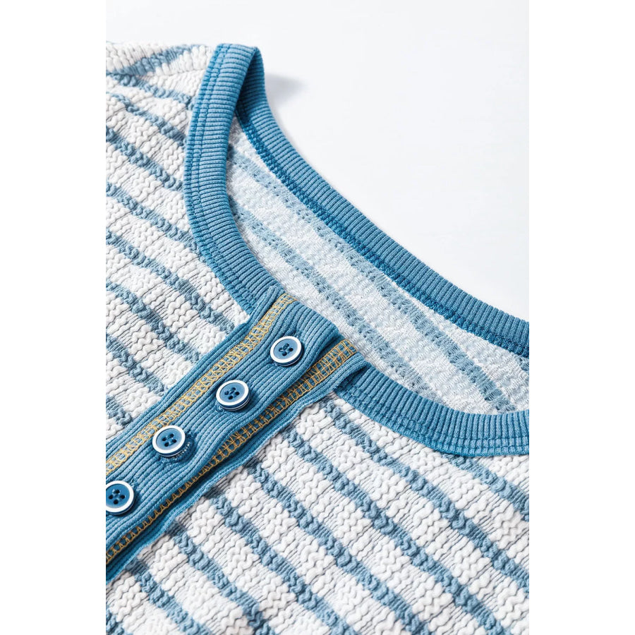 Striped Textured Knit Button Detail Top Apparel and Accessories