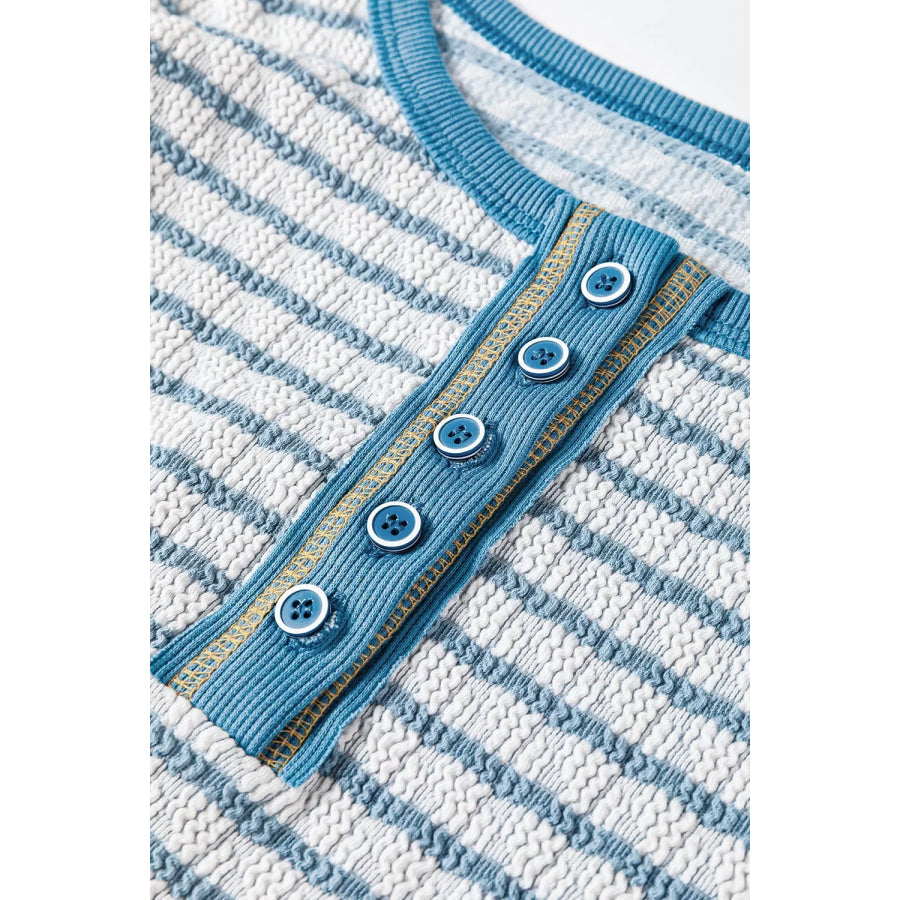 Striped Textured Knit Button Detail Top Apparel and Accessories