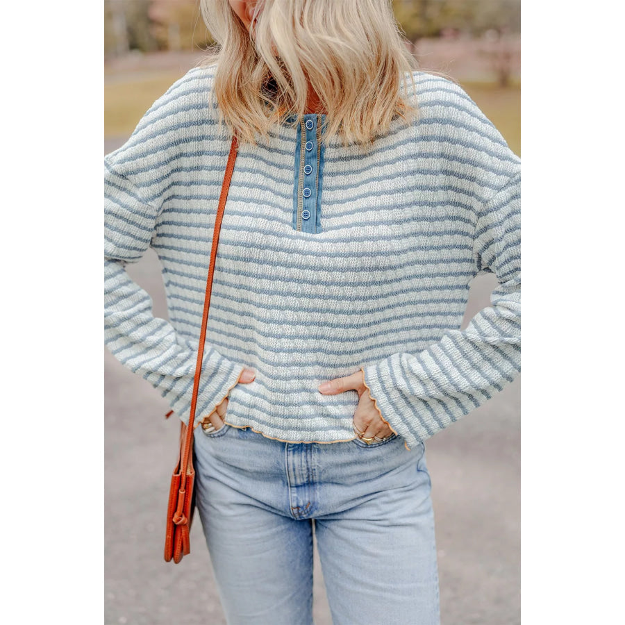 Striped Textured Knit Button Detail Top Apparel and Accessories