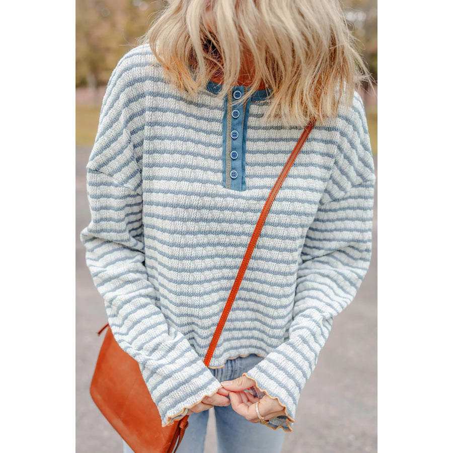 Striped Textured Knit Button Detail Top Apparel and Accessories