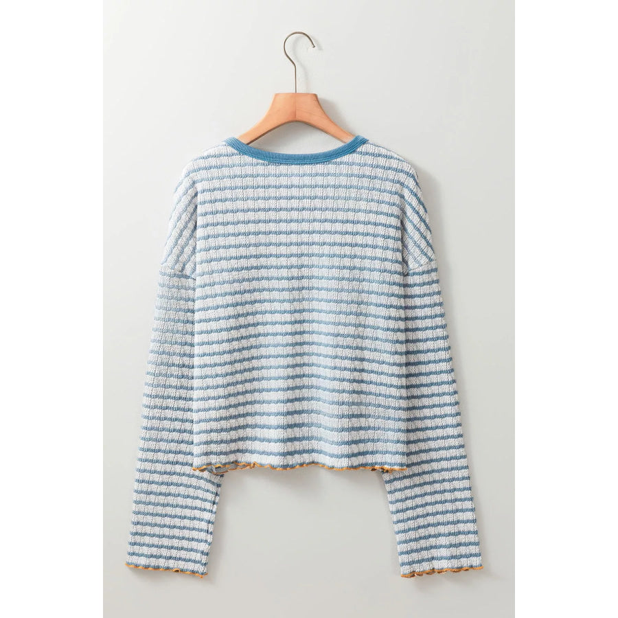 Striped Textured Knit Button Detail Top Apparel and Accessories