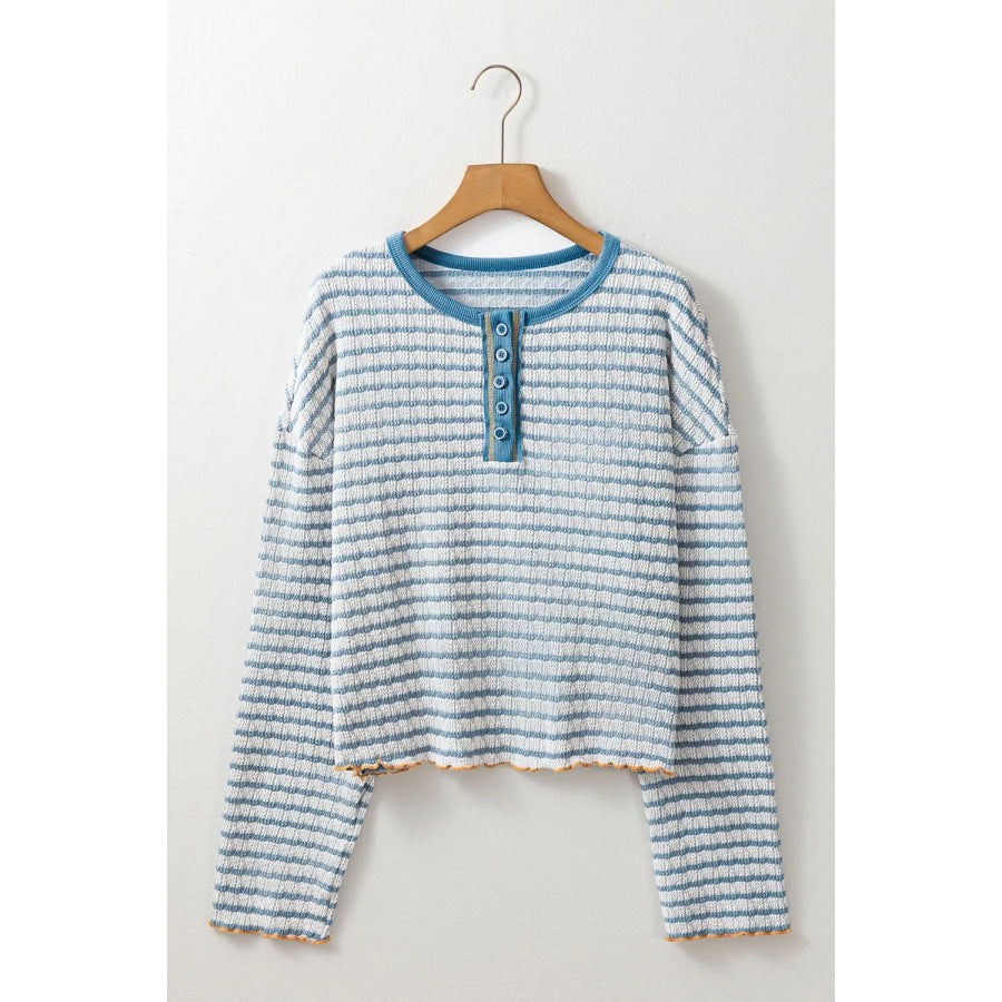 Striped Textured Knit Button Detail Top Apparel and Accessories