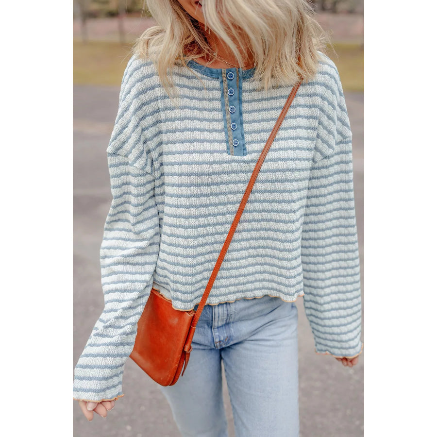 Striped Textured Knit Button Detail Top Light Blue / M Apparel and Accessories