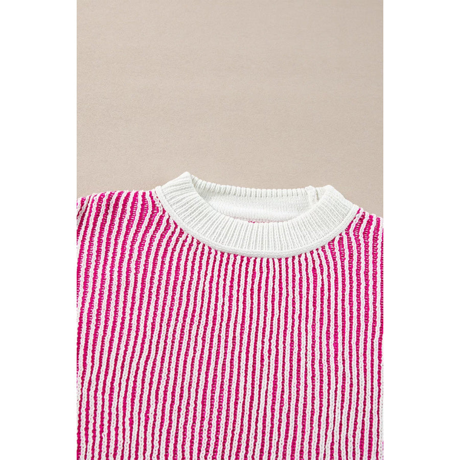 Striped Textured Knit Contrast Edge Loose Sweater Apparel and Accessories
