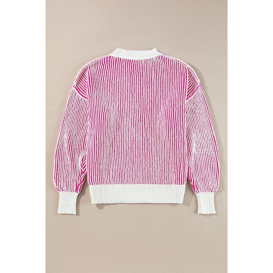Striped Textured Knit Contrast Edge Loose Sweater Apparel and Accessories