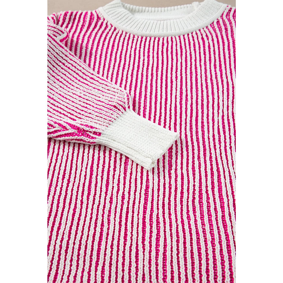 Striped Textured Knit Contrast Edge Loose Sweater Apparel and Accessories