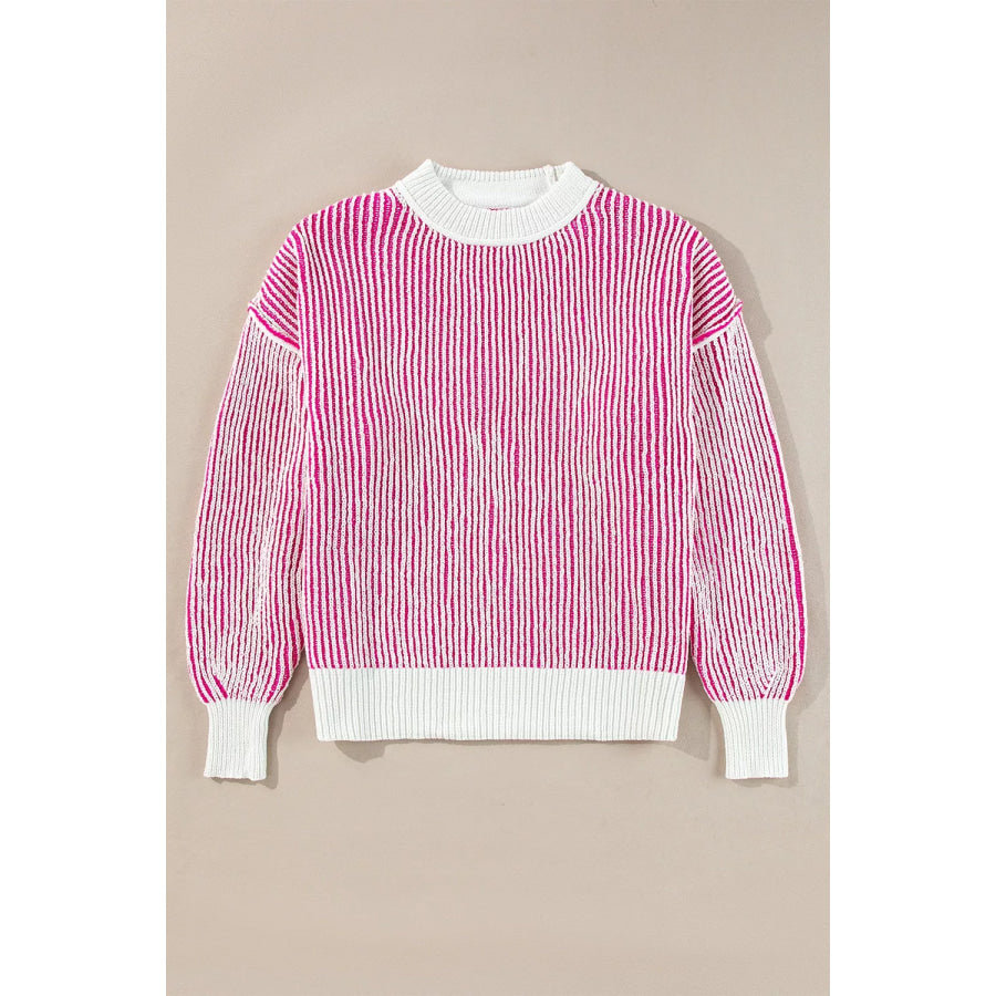 Striped Textured Knit Contrast Edge Loose Sweater Apparel and Accessories