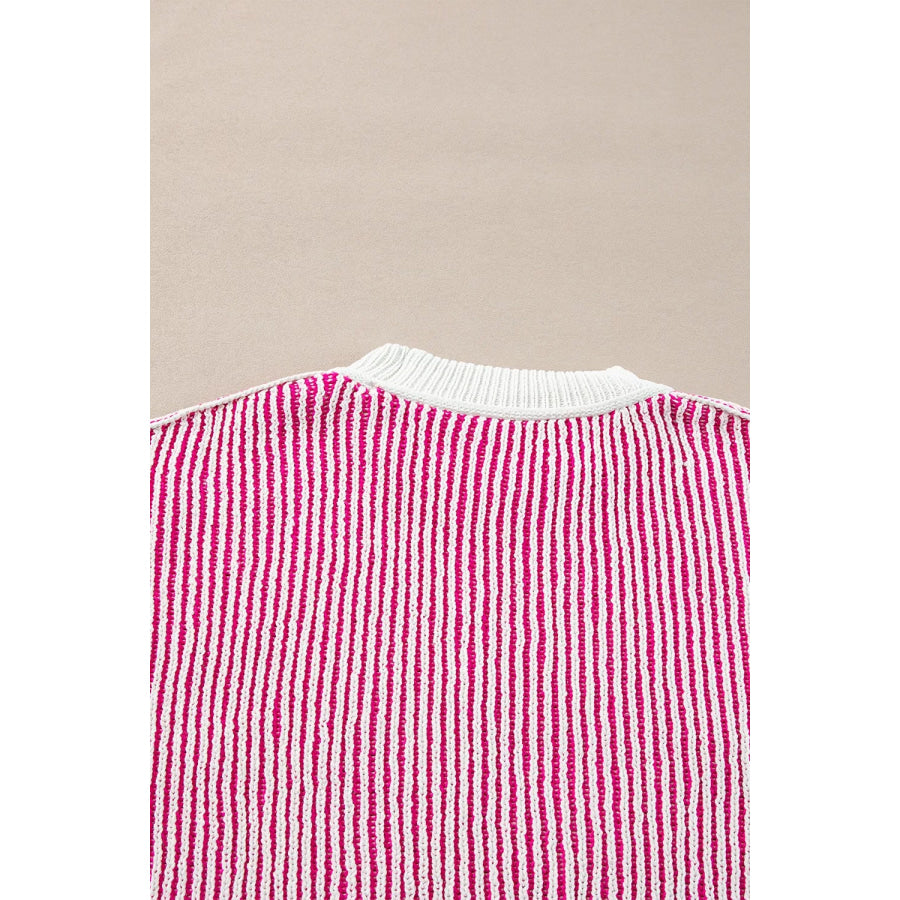 Striped Textured Knit Contrast Edge Loose Sweater Apparel and Accessories