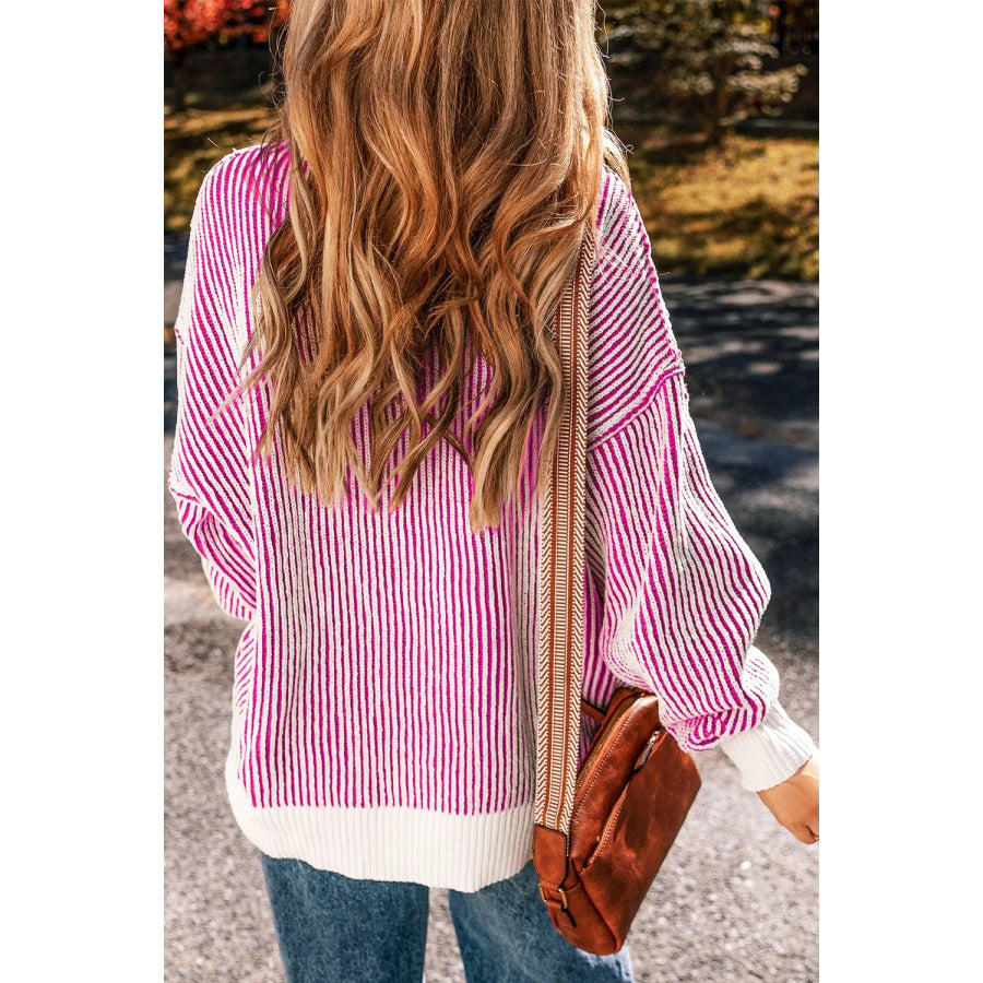 Striped Textured Knit Contrast Edge Loose Sweater Apparel and Accessories