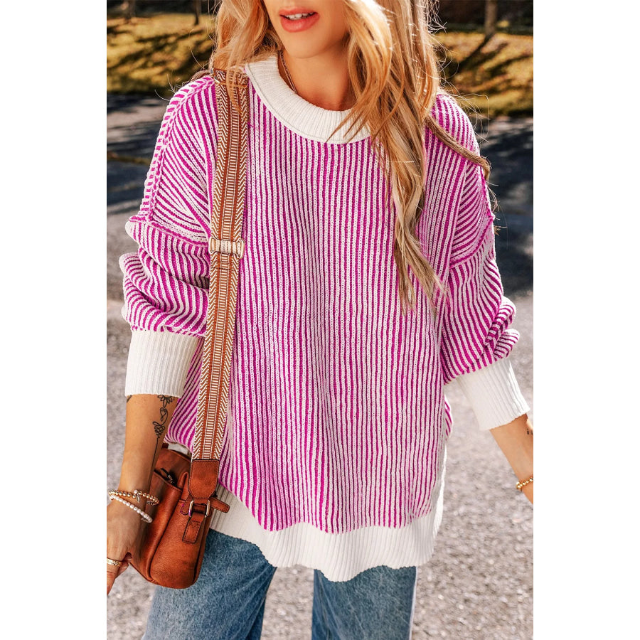Striped Textured Knit Contrast Edge Loose Sweater Pink / S Apparel and Accessories