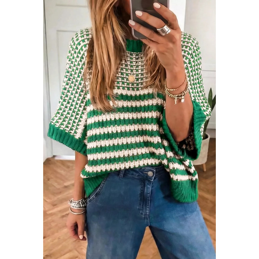 Striped Textured Knit Sweater Moss / S Apparel and Accessories