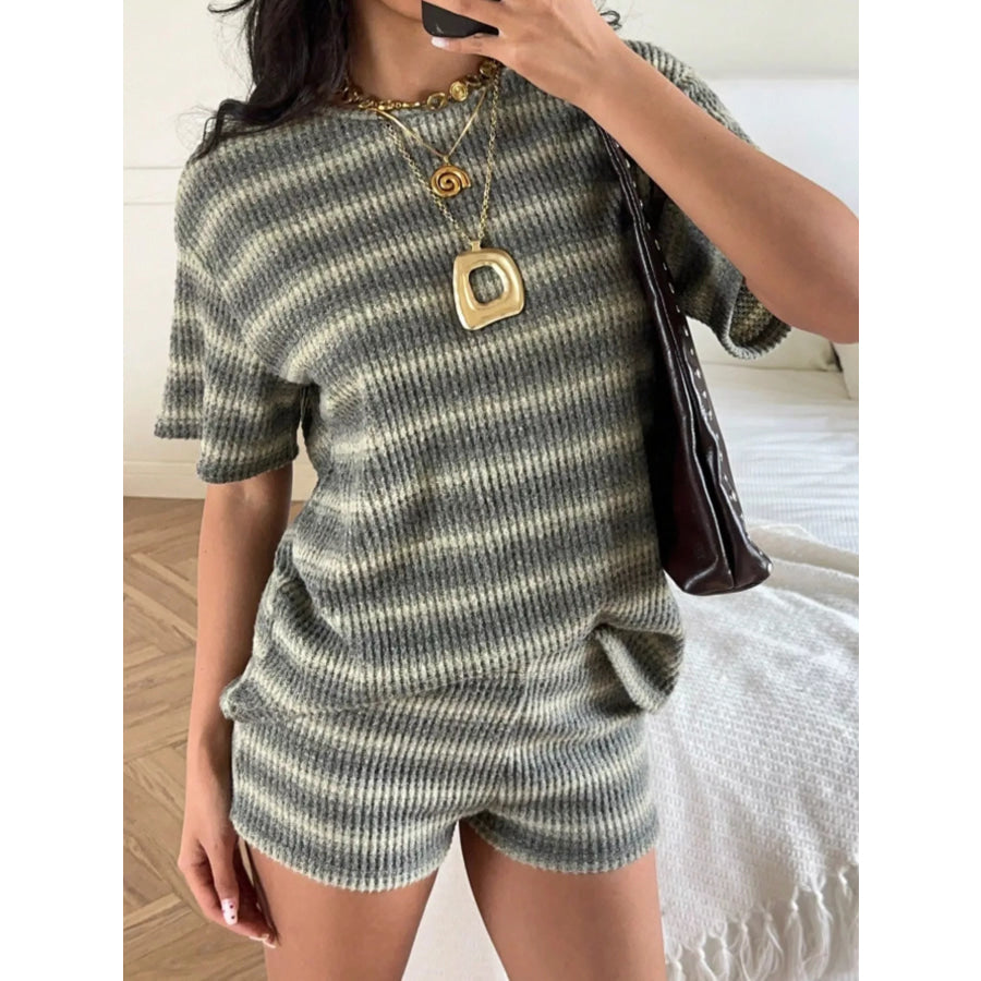 Striped Textured Knit Top and Shorts Set Green / S Apparel Accessories