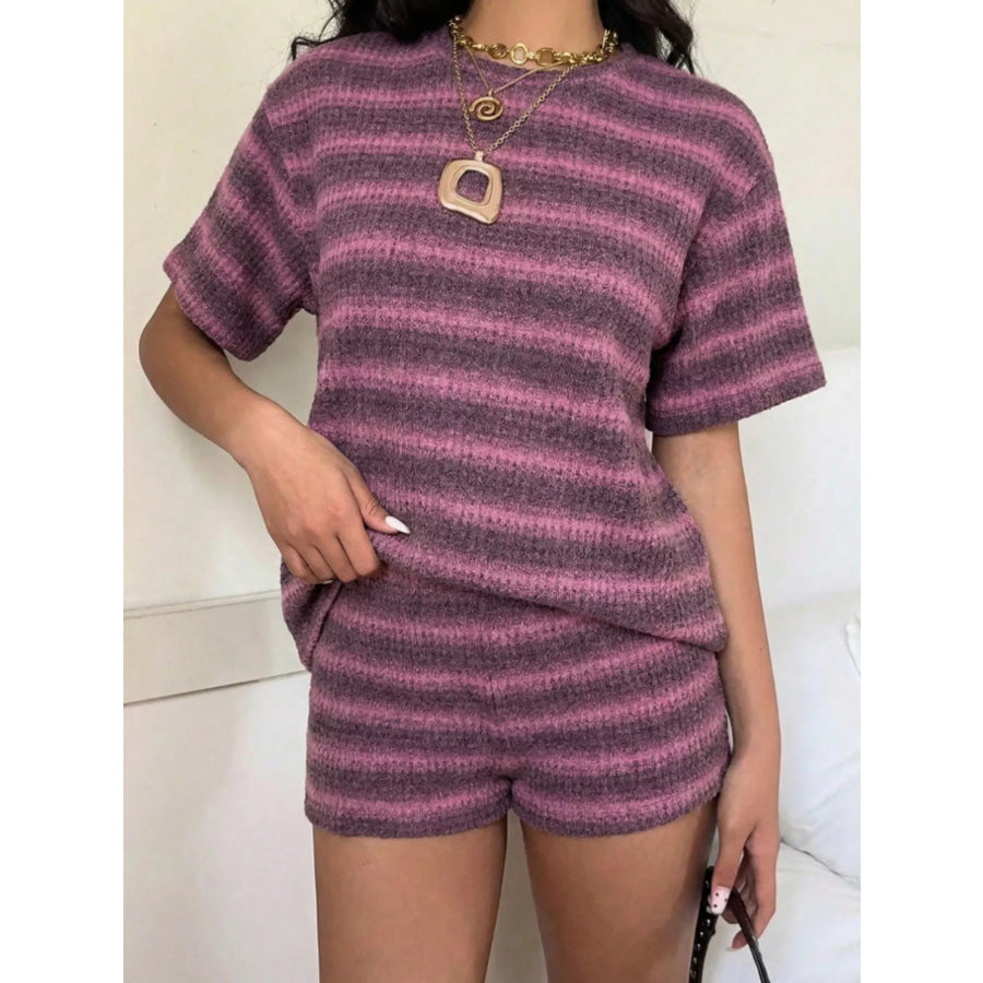 Striped Textured Knit Top and Shorts Set Apparel Accessories