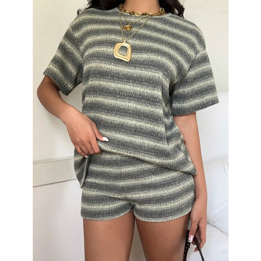 Striped Textured Knit Top and Shorts Set Green / S Apparel Accessories
