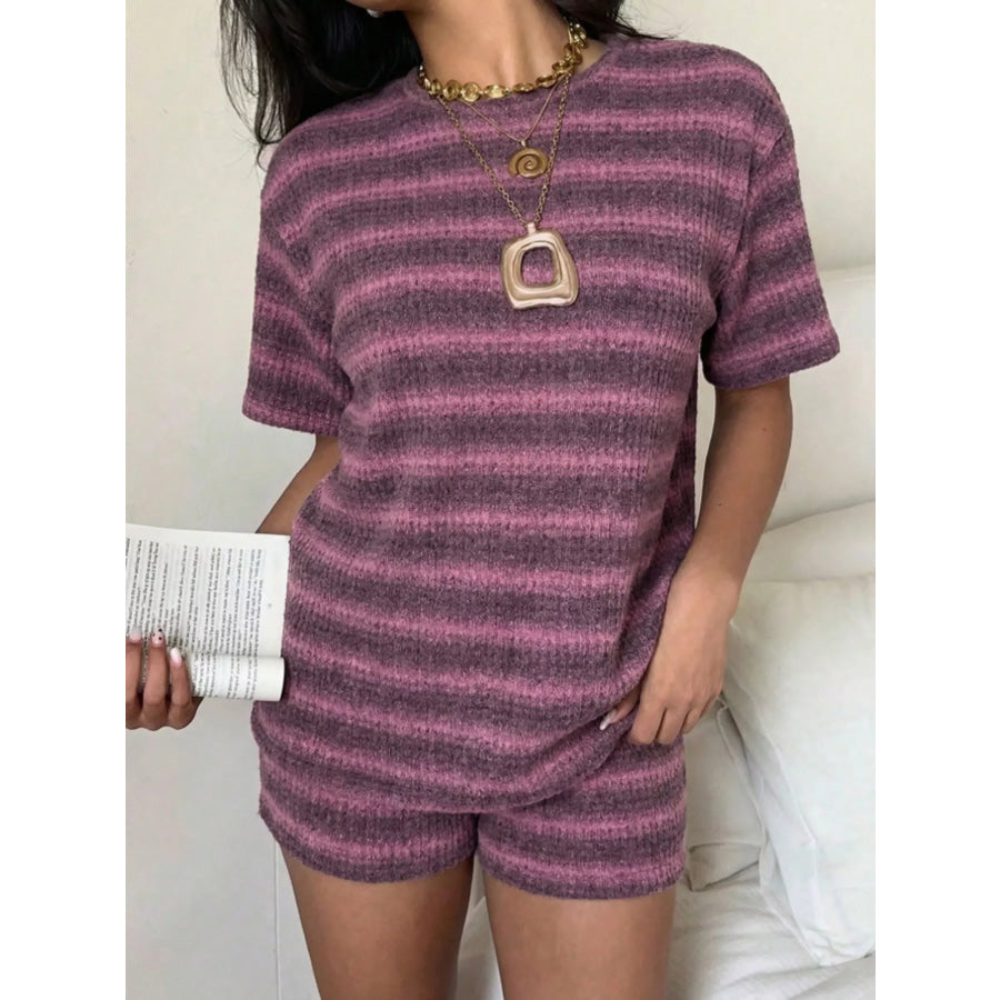 Striped Textured Knit Top and Shorts Set Pink / S Apparel Accessories