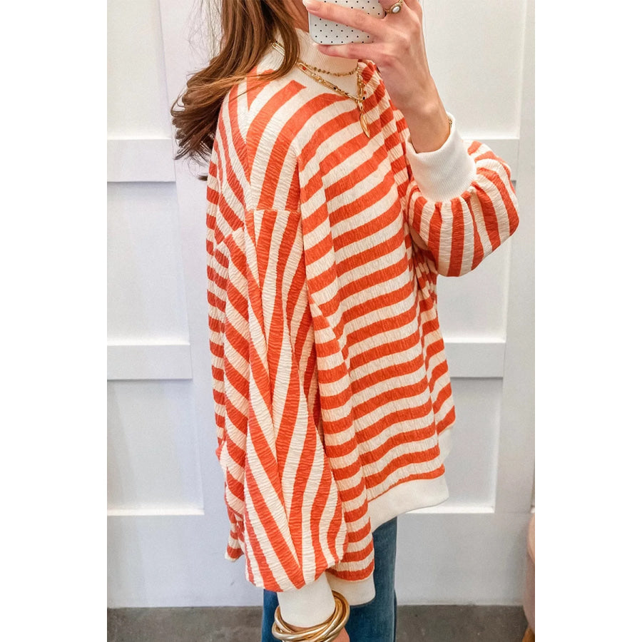 Striped Textured Stand Neck Oversized Long Sleeve Top Apparel and Accessories
