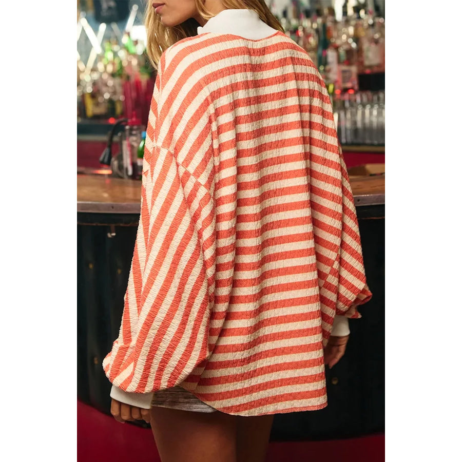 Striped Textured Stand Neck Oversized Long Sleeve Top Apparel and Accessories