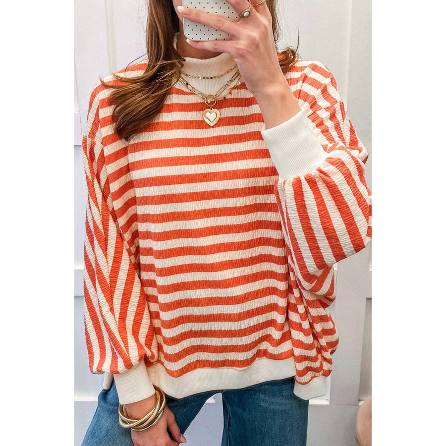 Striped Textured Stand Neck Oversized Long Sleeve Top Apparel and Accessories