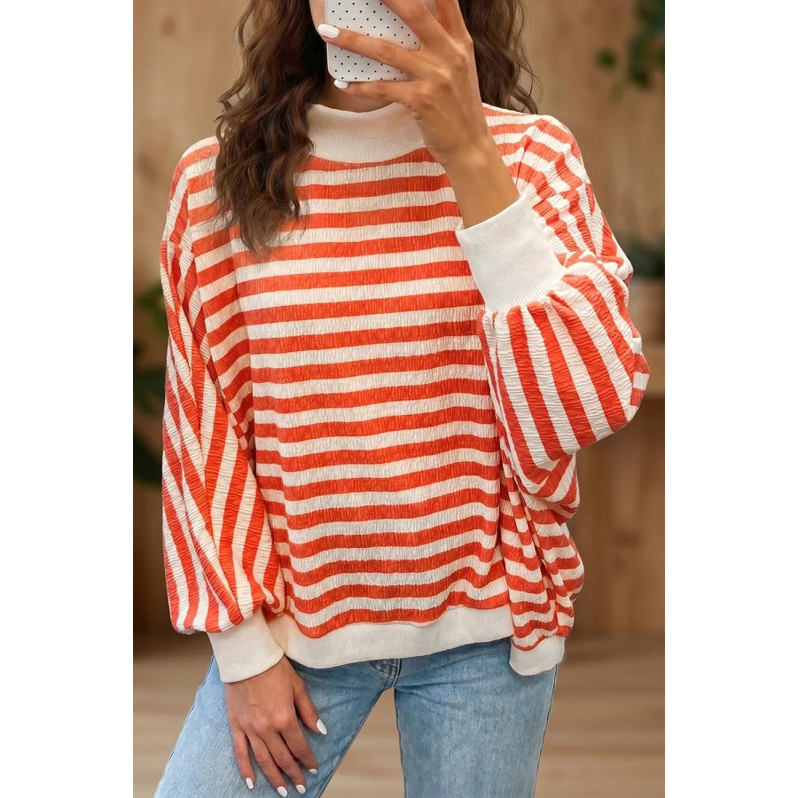 Striped Textured Stand Neck Oversized Long Sleeve Top Watermelon pink / S Apparel and Accessories