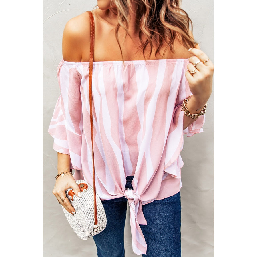 Striped Tie Front Flounce Sleeve Blouse Carnation Pink / S