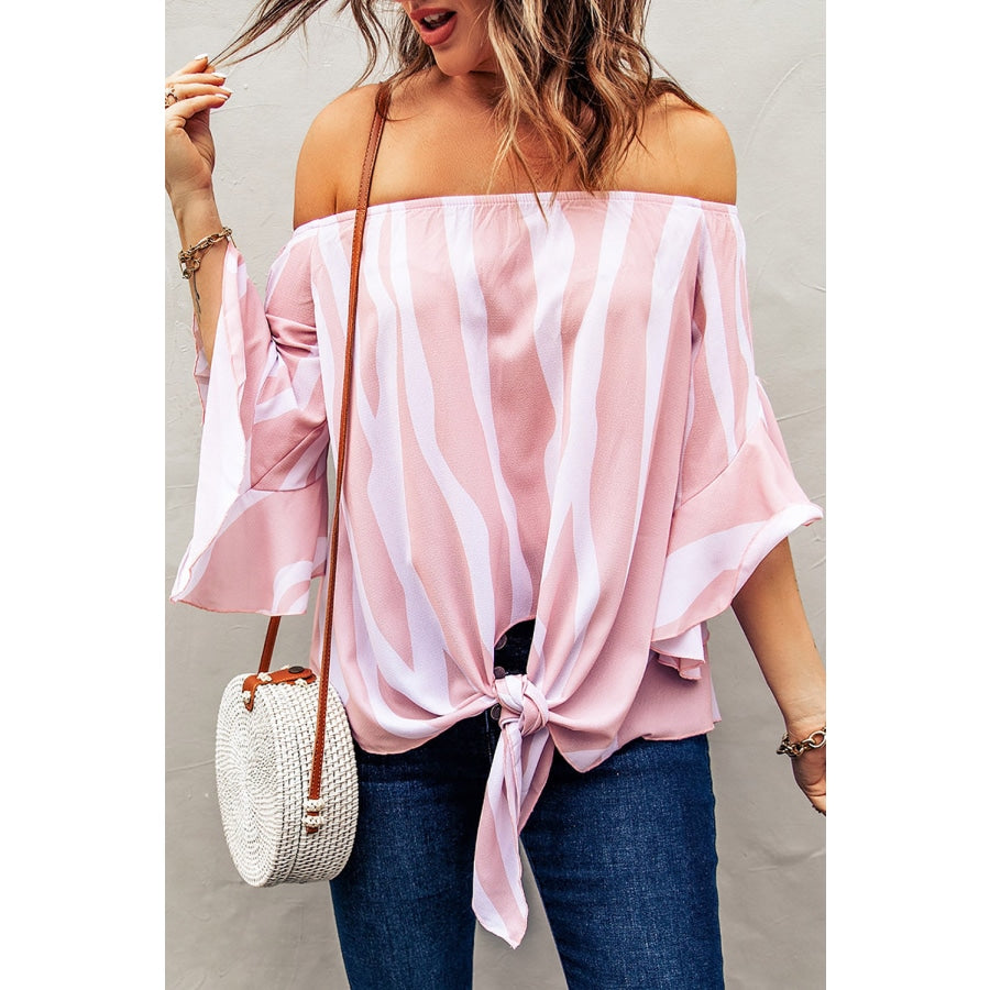 Striped Tie Front Flounce Sleeve Blouse