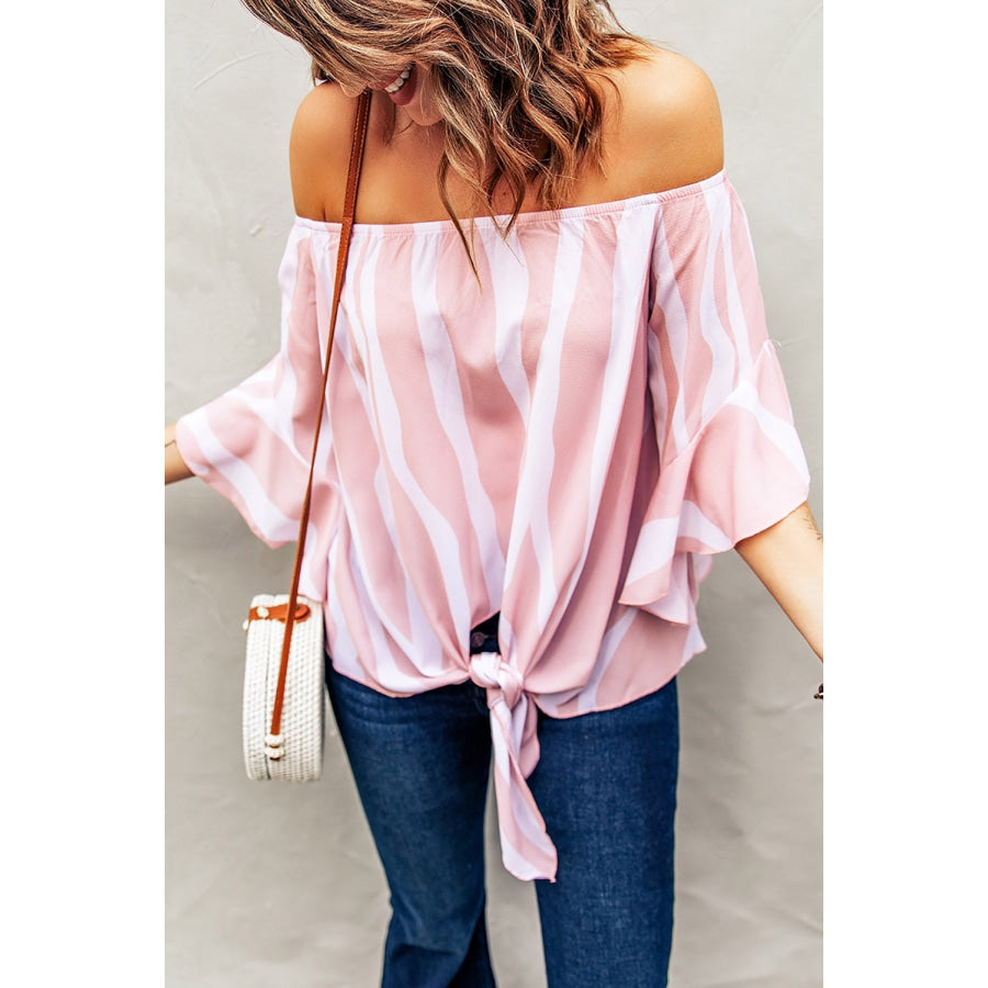 Striped Tie Front Flounce Sleeve Blouse