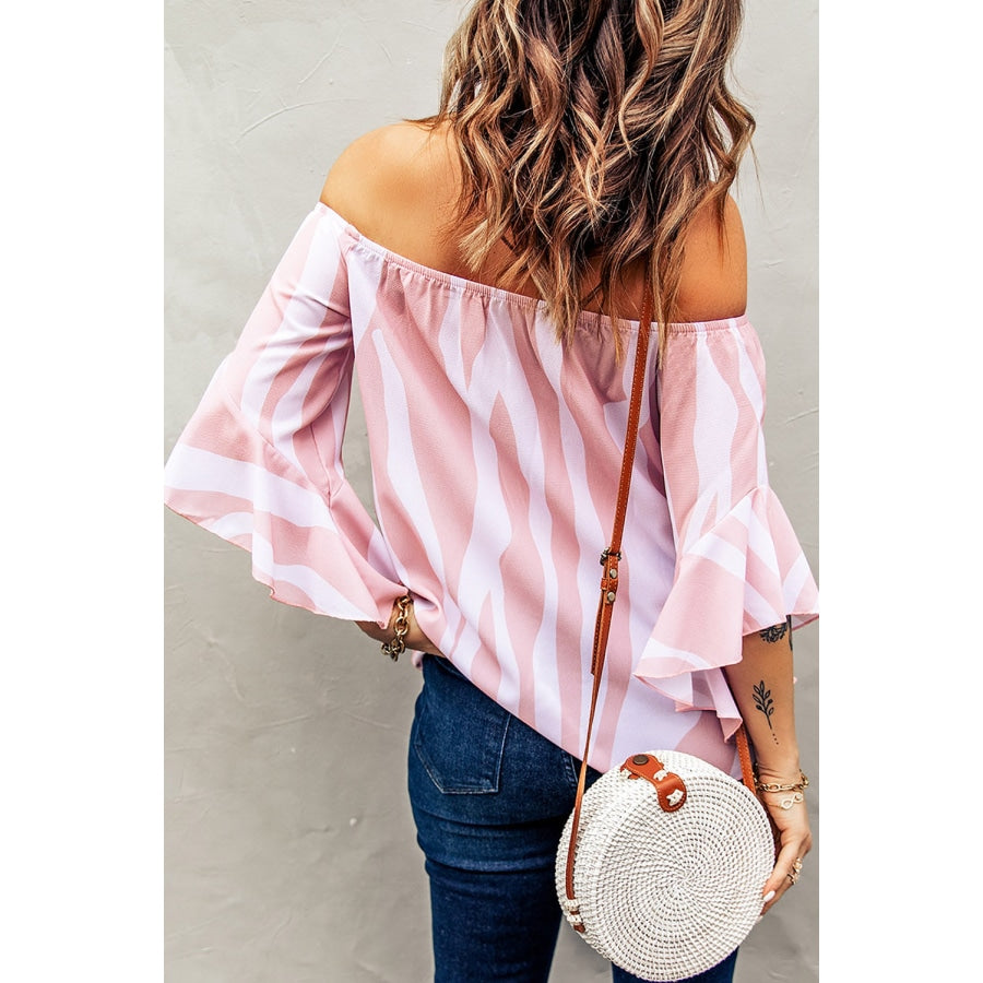 Striped Tie Front Flounce Sleeve Blouse Carnation Pink / S