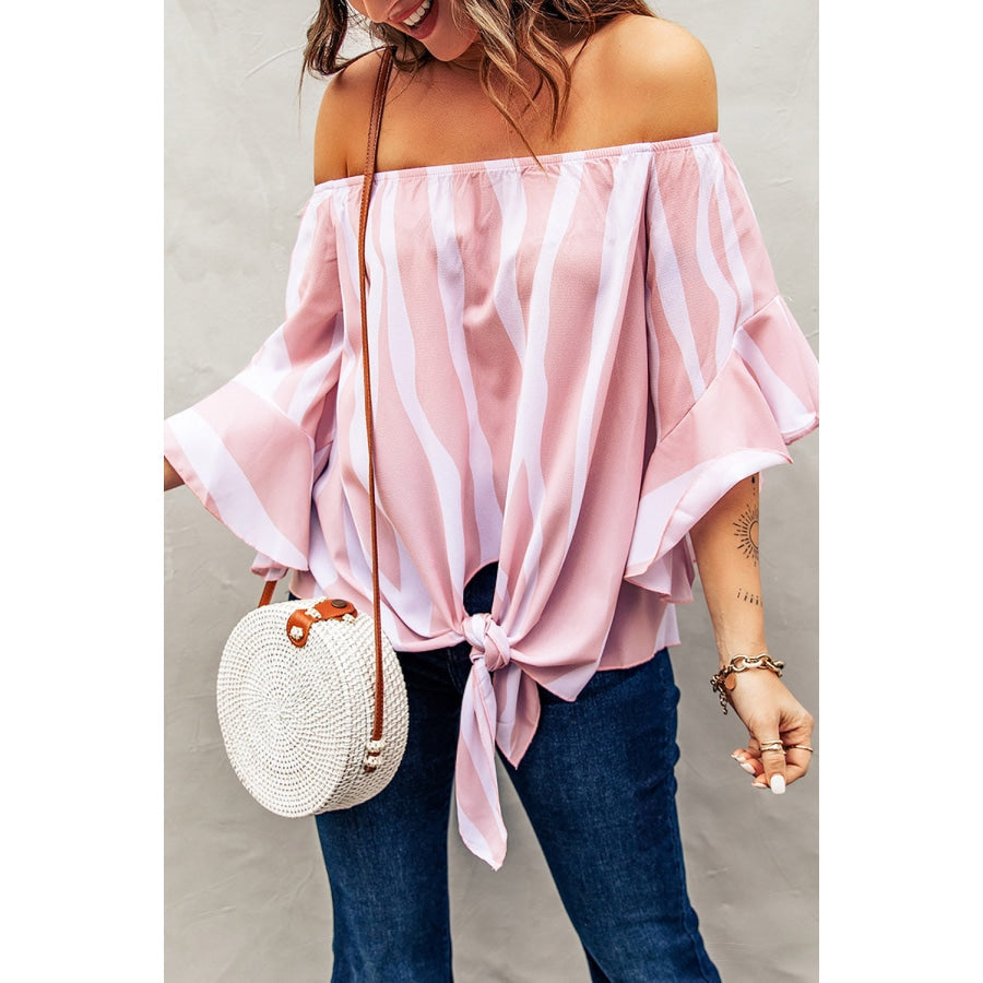 Striped Tie Front Flounce Sleeve Blouse