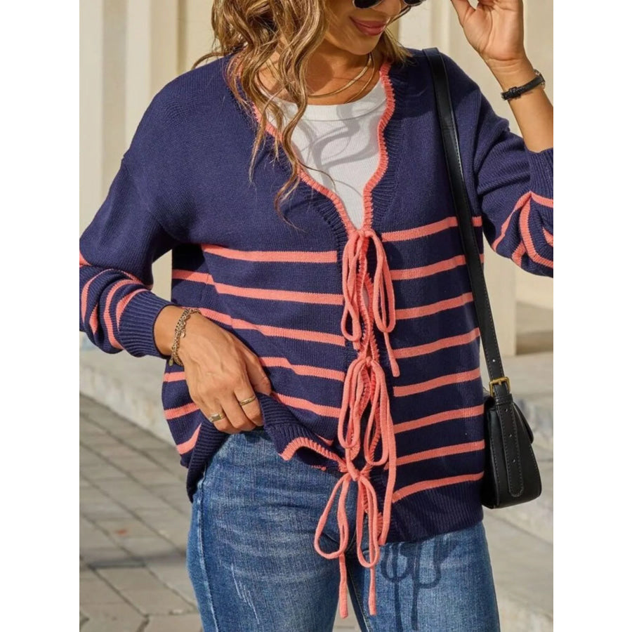 Striped Tie Front Knit Cardigan Apparel and Accessories