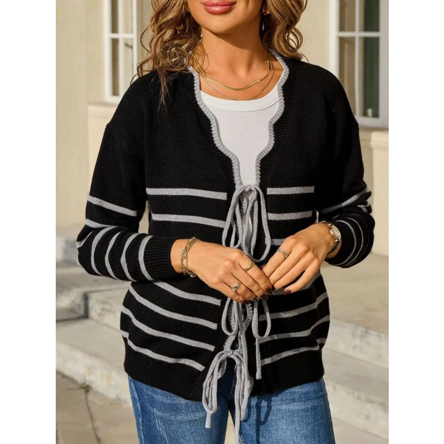 Striped Tie Front Knit Cardigan Apparel and Accessories