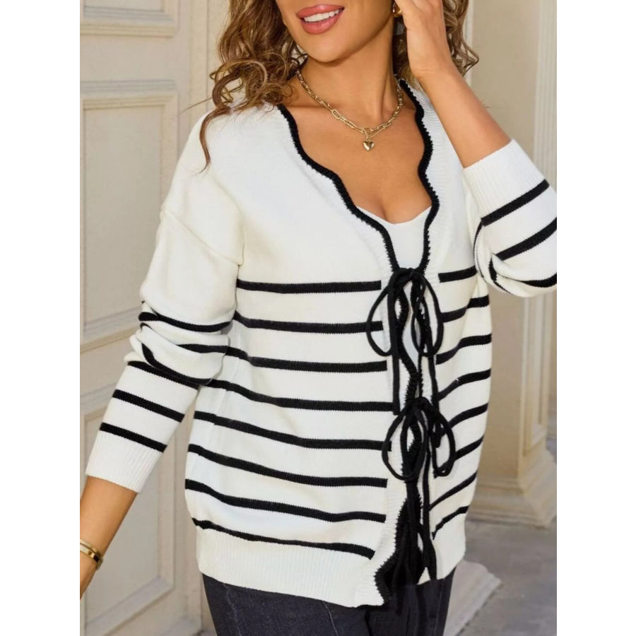 Striped Tie Front Knit Cardigan White / S Apparel and Accessories