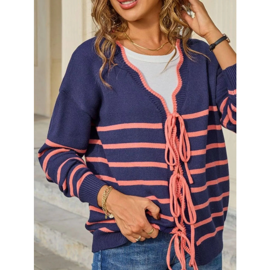 Striped Tie Front Knit Cardigan Apparel and Accessories