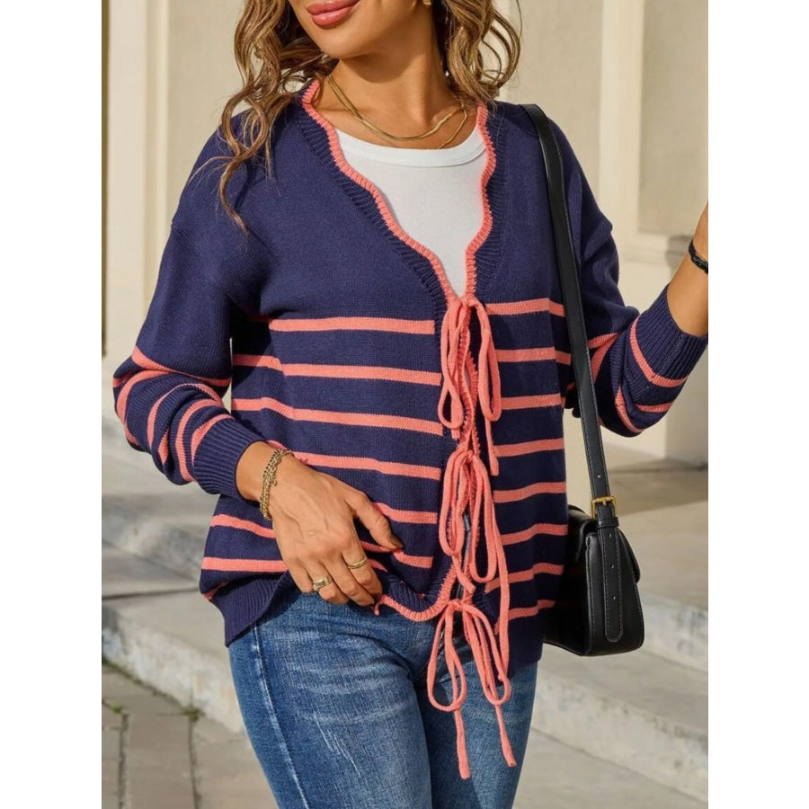 Striped Tie Front Knit Cardigan Apparel and Accessories