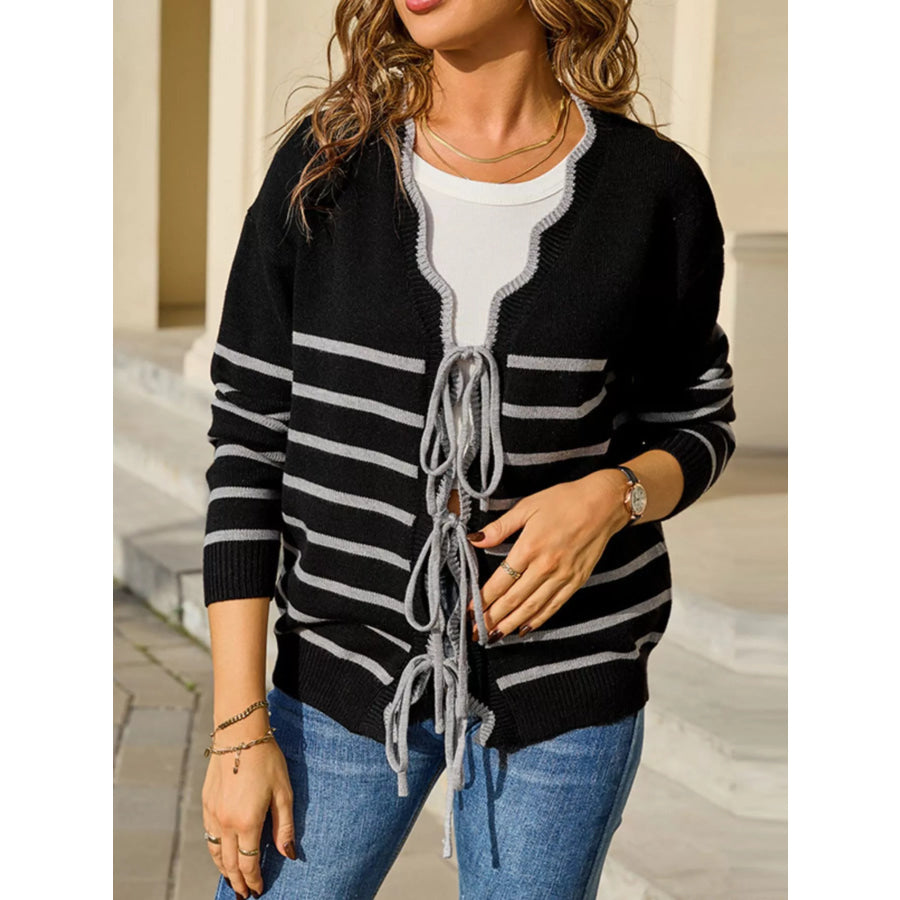Striped Tie Front Knit Cardigan Apparel and Accessories