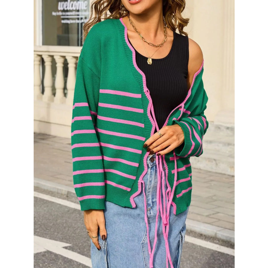 Striped Tie Front Knit Cardigan Apparel and Accessories