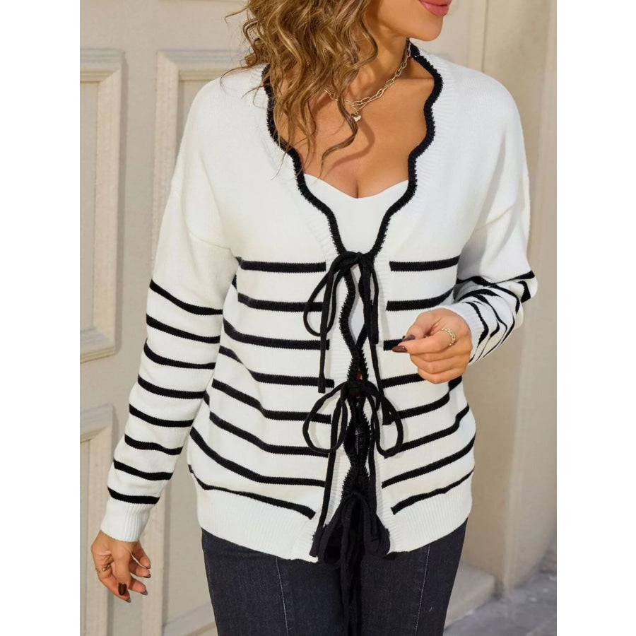 Striped Tie Front Knit Cardigan Apparel and Accessories