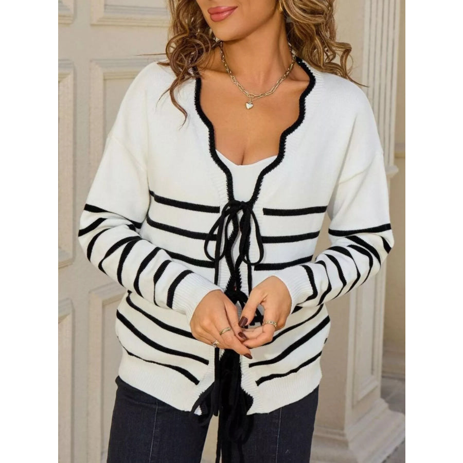 Striped Tie Front Knit Cardigan Apparel and Accessories