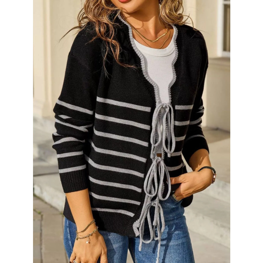 Striped Tie Front Knit Cardigan Black / S Apparel and Accessories