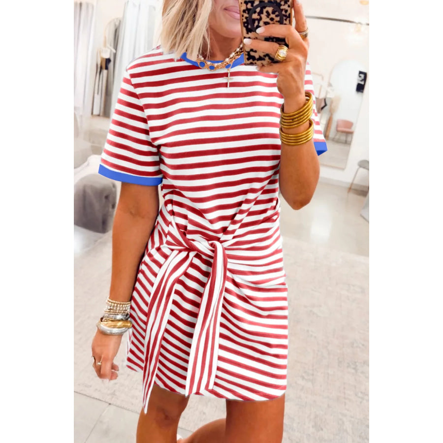 Striped Tie-Front Mini Dress Scarlet / S Apparel and Accessories