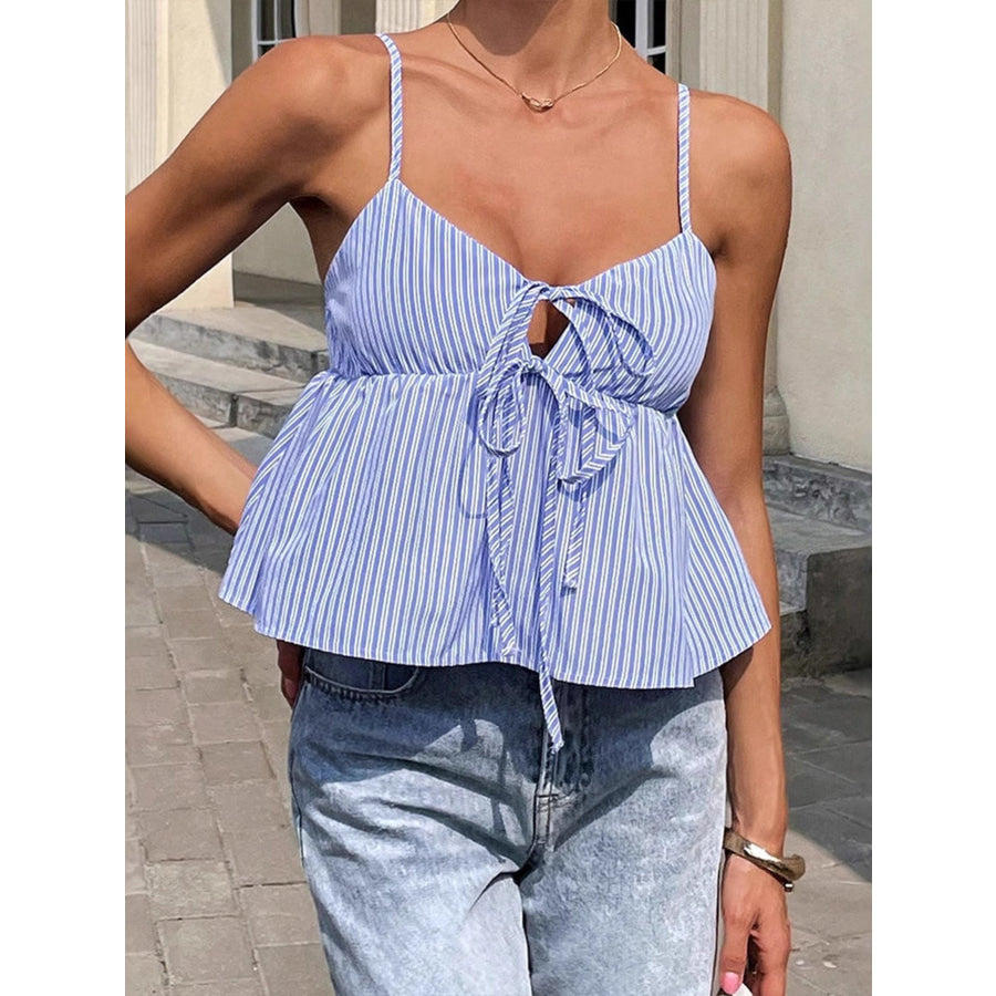 Striped Tie-Front Peplum Cami Blue / S Apparel and Accessories