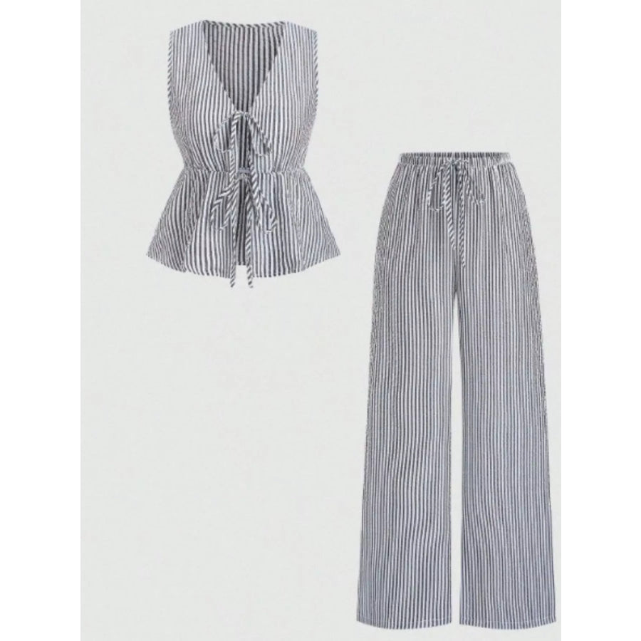 Striped Tie-Front Sleeveless Top and Pants Set Apparel and Accessories