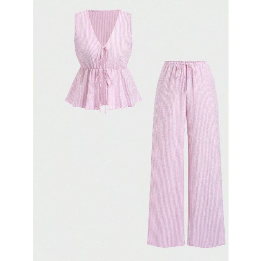 Striped Tie-Front Sleeveless Top and Pants Set Apparel and Accessories