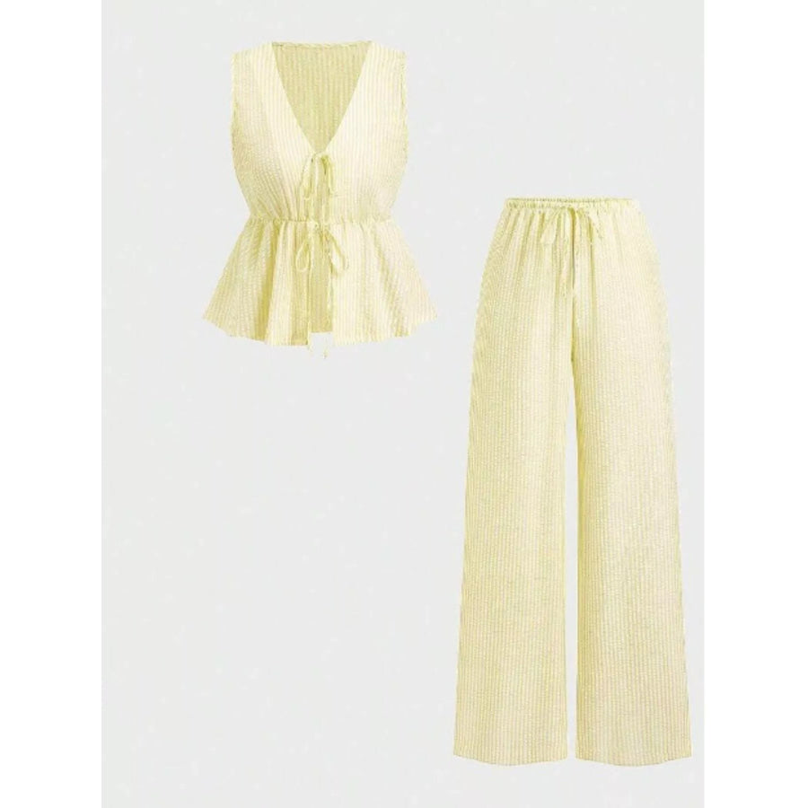 Striped Tie-Front Sleeveless Top and Pants Set Yellow / S Apparel and Accessories
