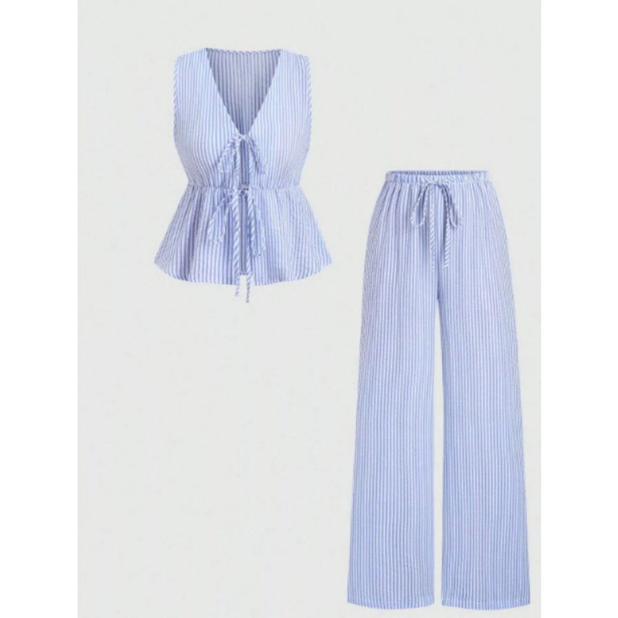 Striped Tie-Front Sleeveless Top and Pants Set Apparel and Accessories