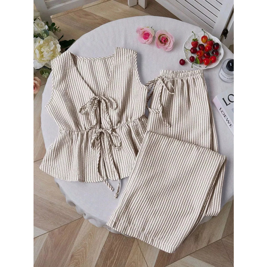 Striped Tie-Front Sleeveless Top and Pants Set Apparel and Accessories