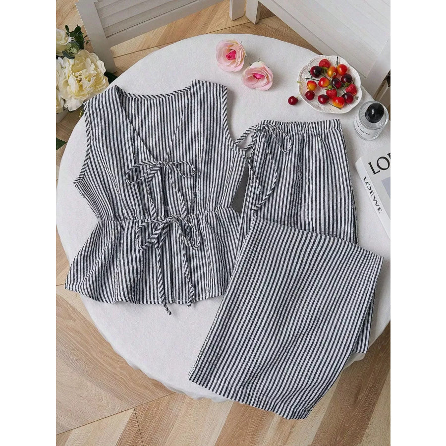 Striped Tie-Front Sleeveless Top and Pants Set Grey / S Apparel and Accessories