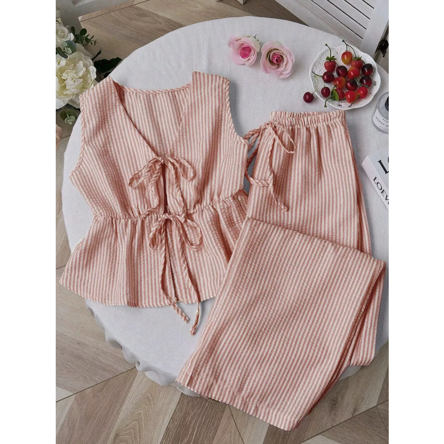Striped Tie-Front Sleeveless Top and Pants Set Lotus Color / S Apparel and Accessories