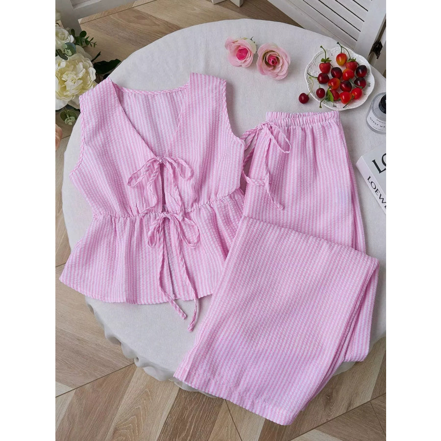 Striped Tie-Front Sleeveless Top and Pants Set Pink / S Apparel and Accessories
